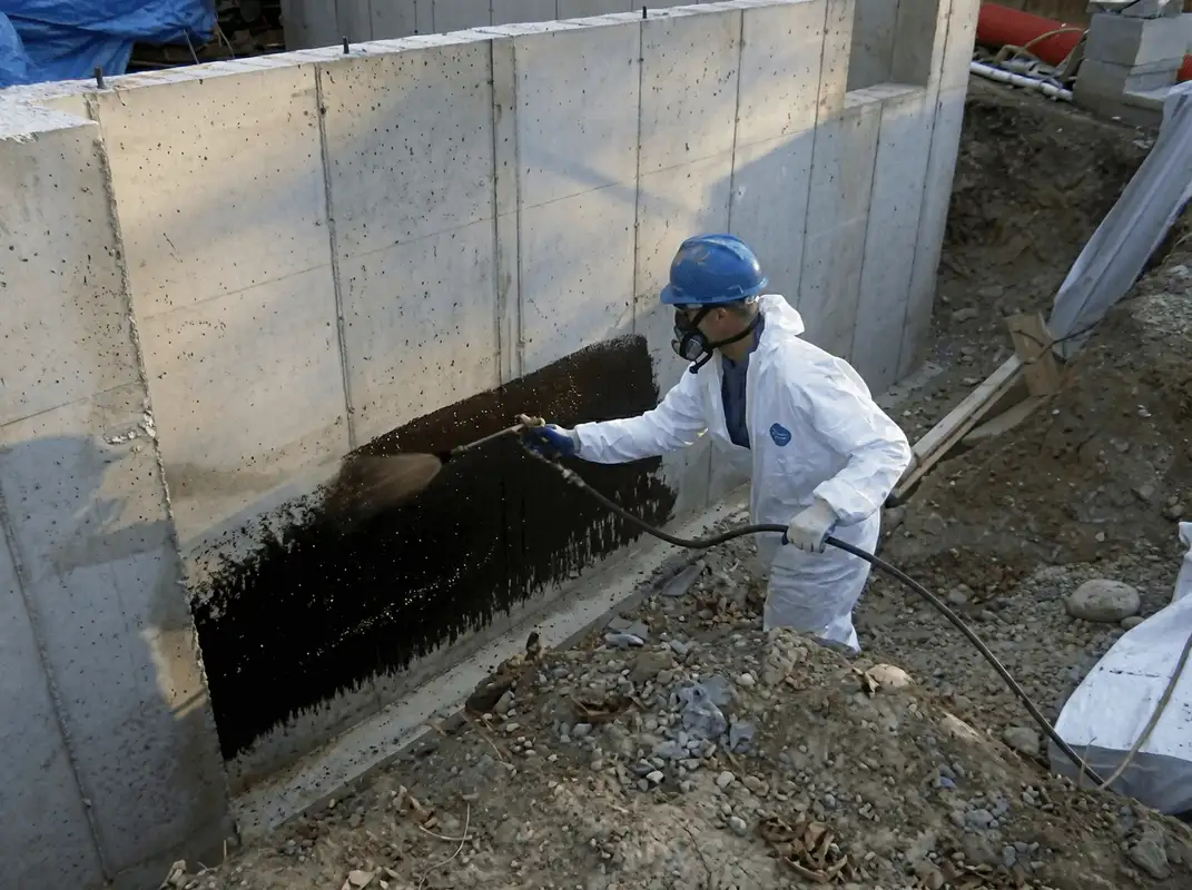 Professional waterproofing the exterior walls of the basement in Pasadena, CA