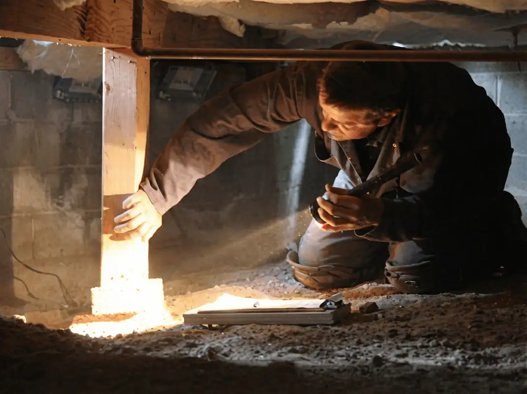 A professional inspecting wooden beams under the floor of a structure in Pasadena, CA