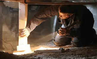 A professional inspecting wooden beams under the floor of a structure in Pasadena, CA
